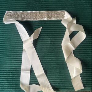 Wedding Dress Ivory Satin Sash with Silver and Crystal Design